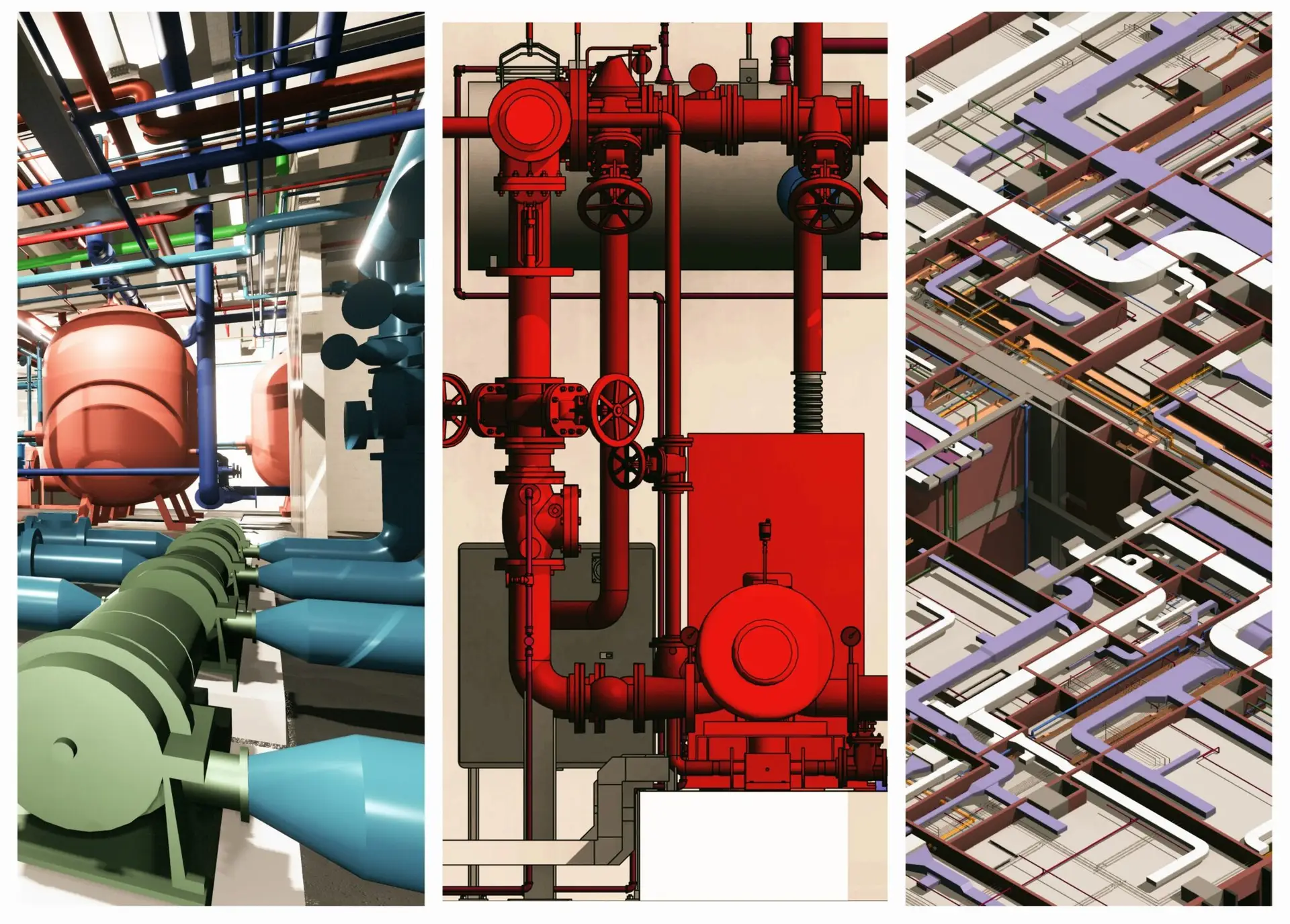 BIM management collage showing MEP coordination and fire protection systems