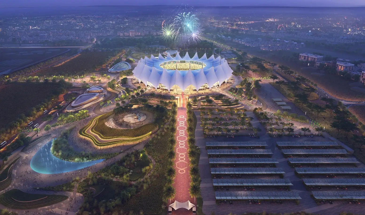 Aerial rendering of King Fahd Sports City Stadium at night