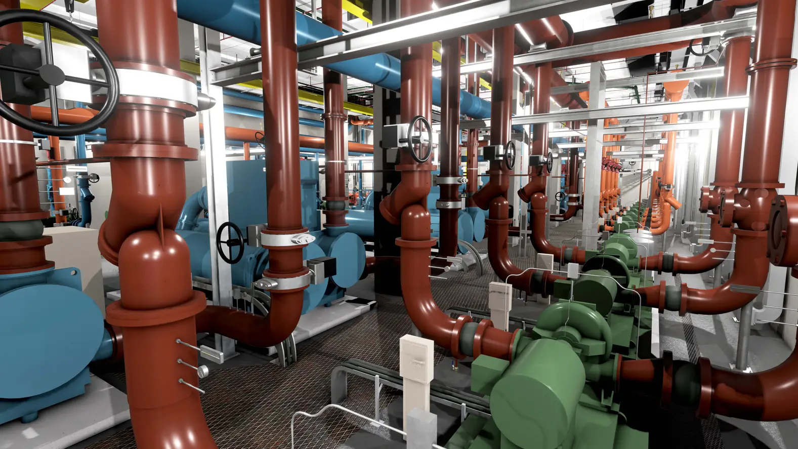 Industrial MEP piping and mechanical systems inside a construction facility