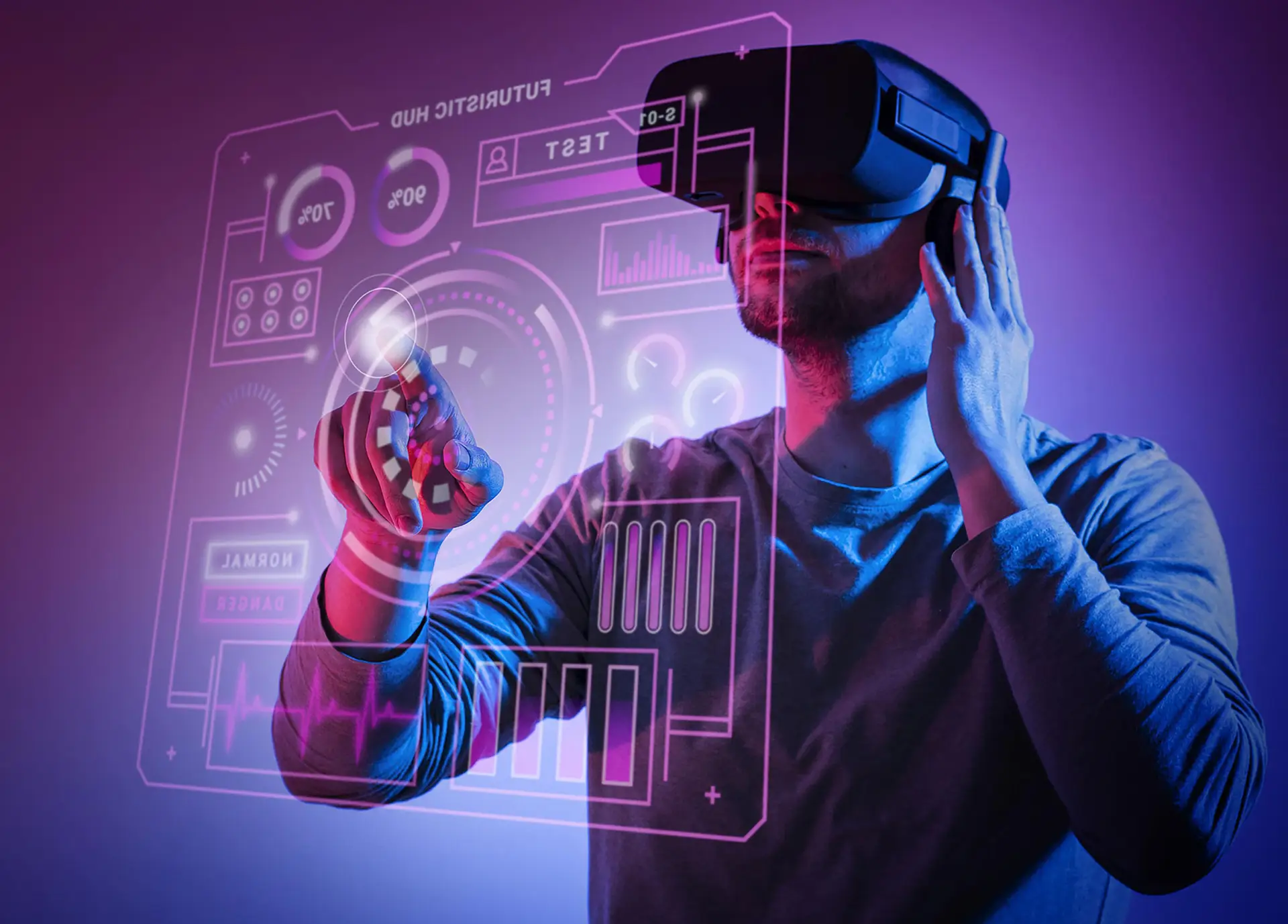 Engineer using a virtual reality headset for digital engineering visualization